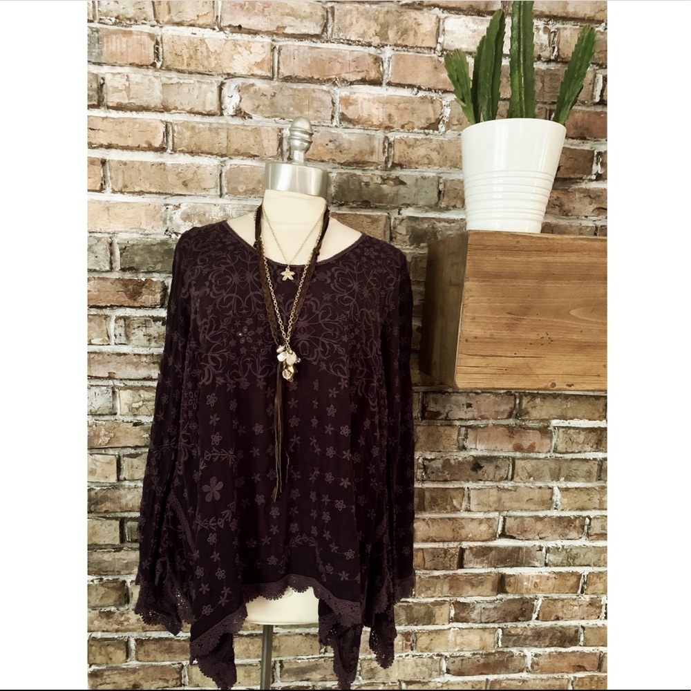 Johnny Was Embroidered Purple Tunic V-Neck Top - Sz Small